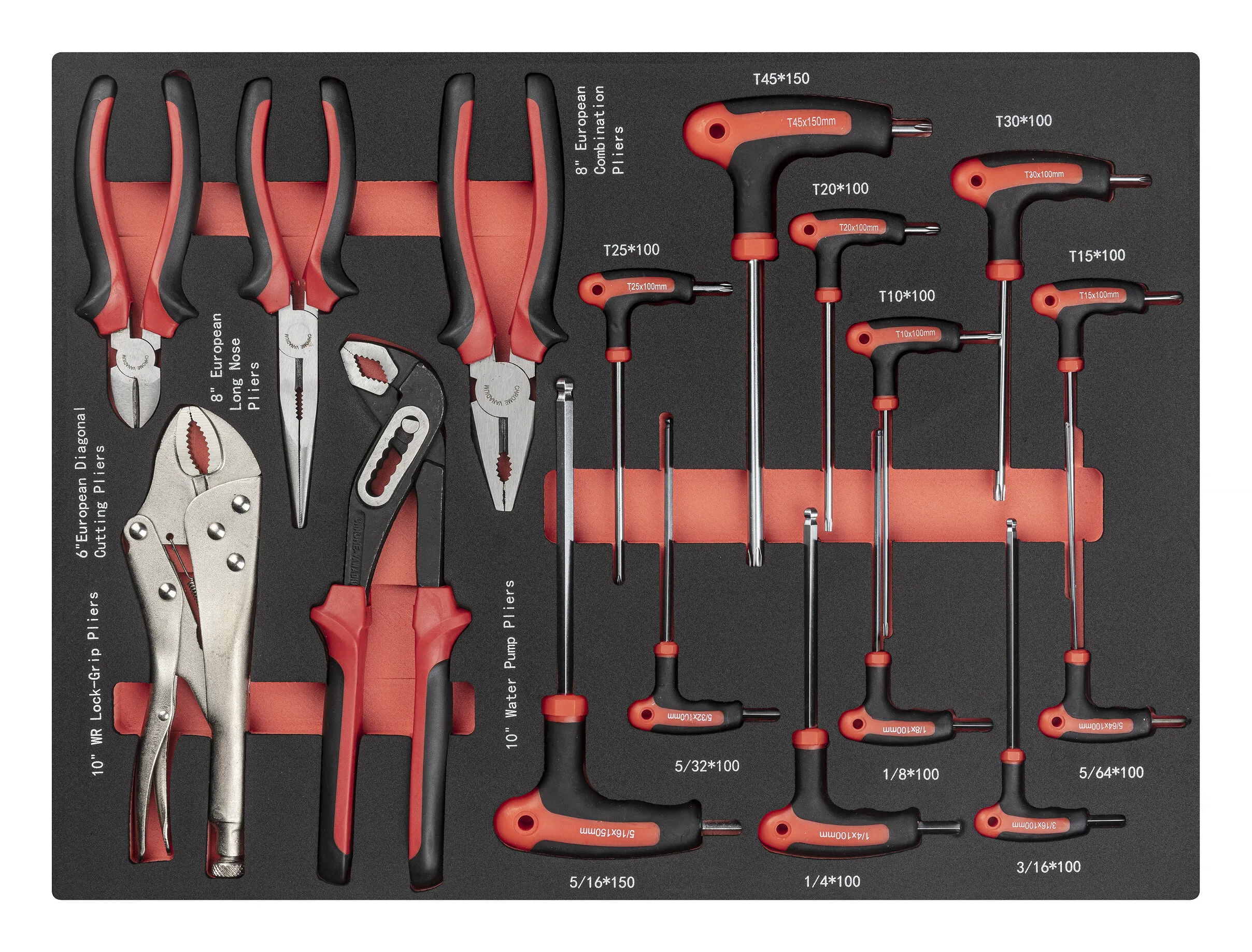 Lådinsats med tumverktyg, insex, torx & tänger, 17 delar