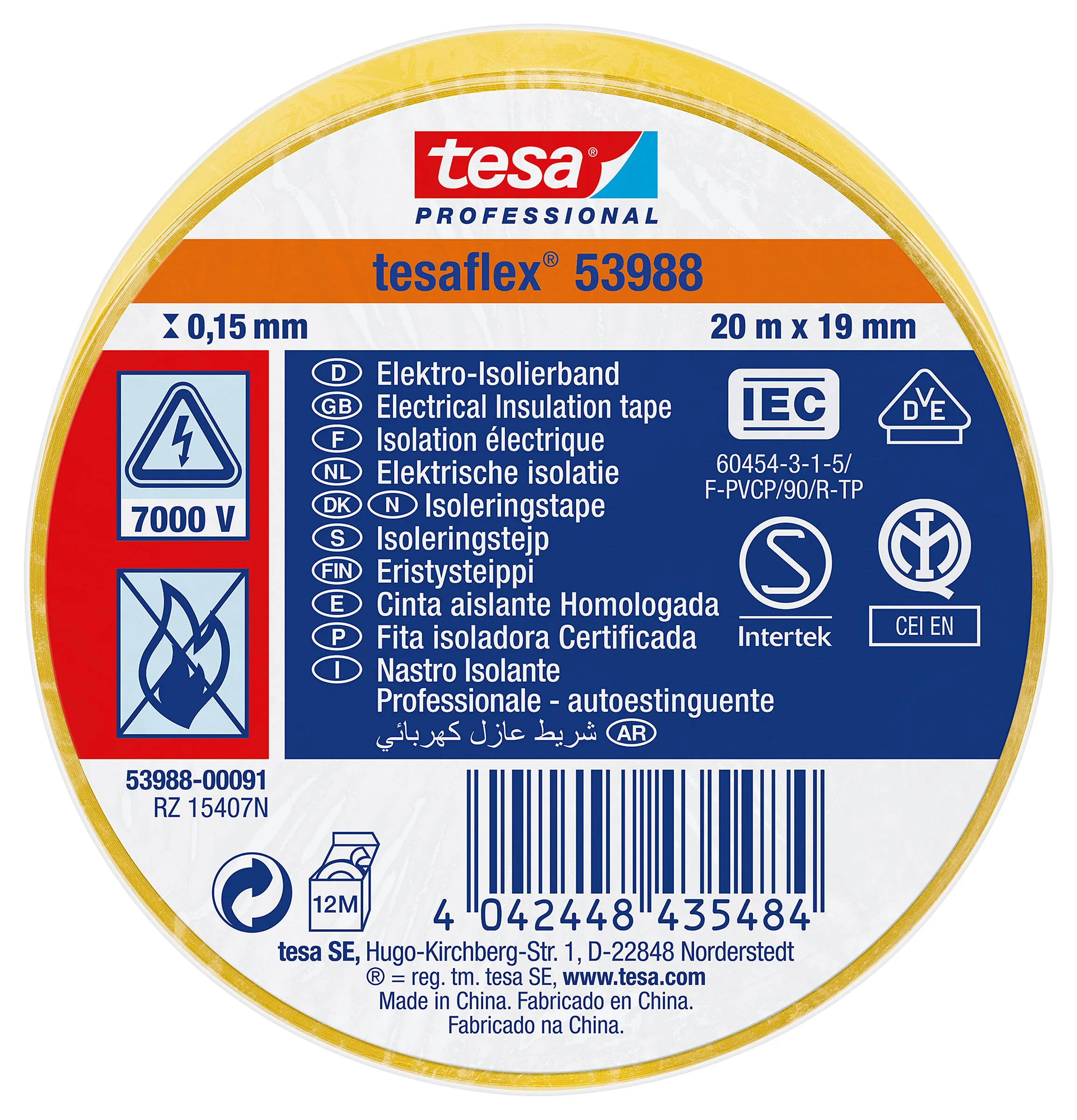Isoleringstejp PVC, 19 mm x 20 m, gul