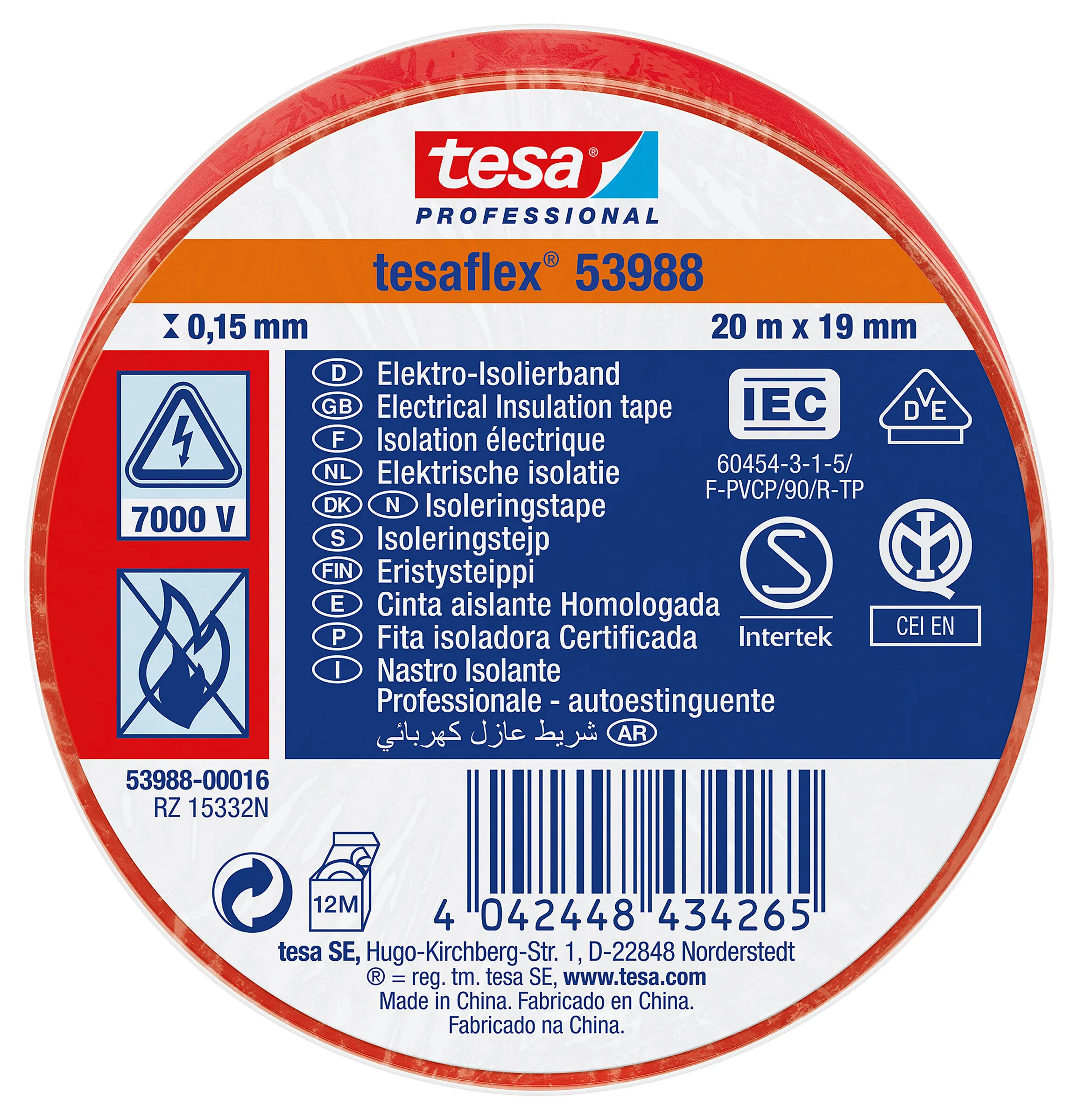 Isoleringstejp PVC, 19 mm x20 m, röd