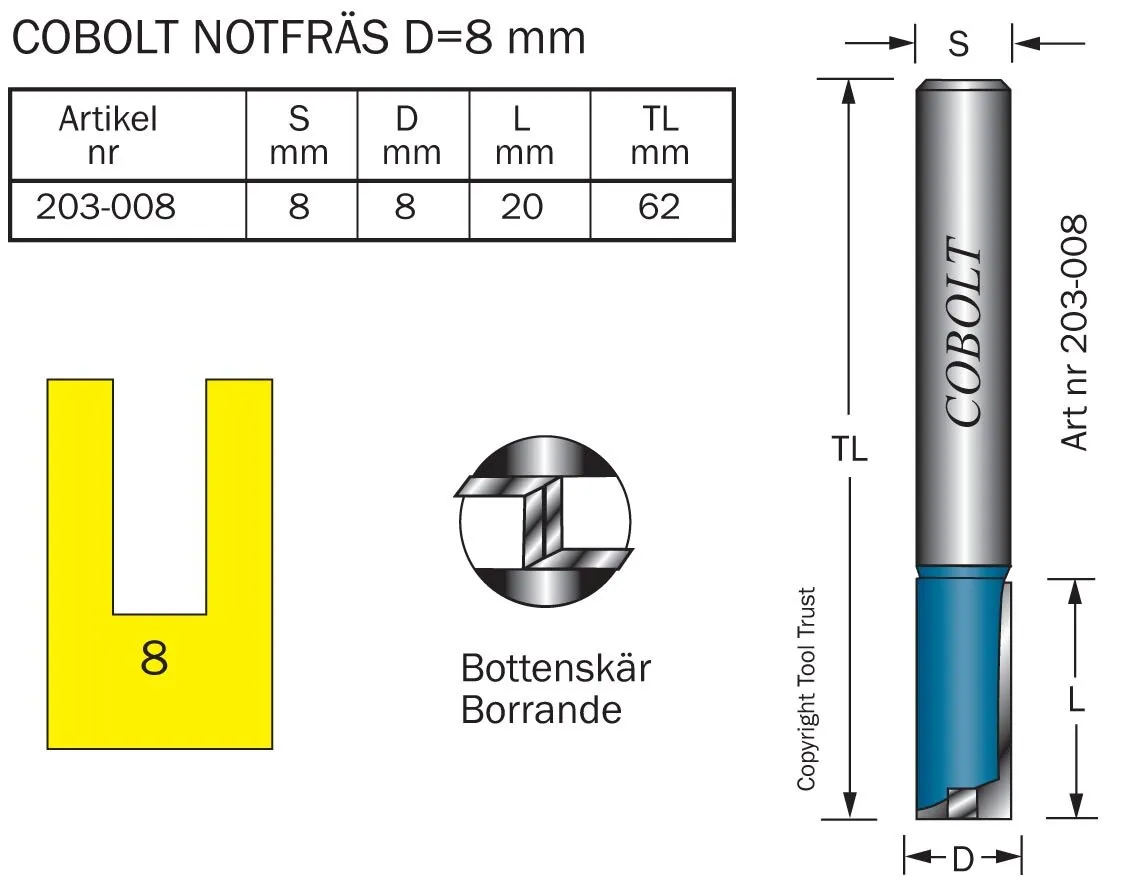 HM-notfräs 8 mm, med bottenskär