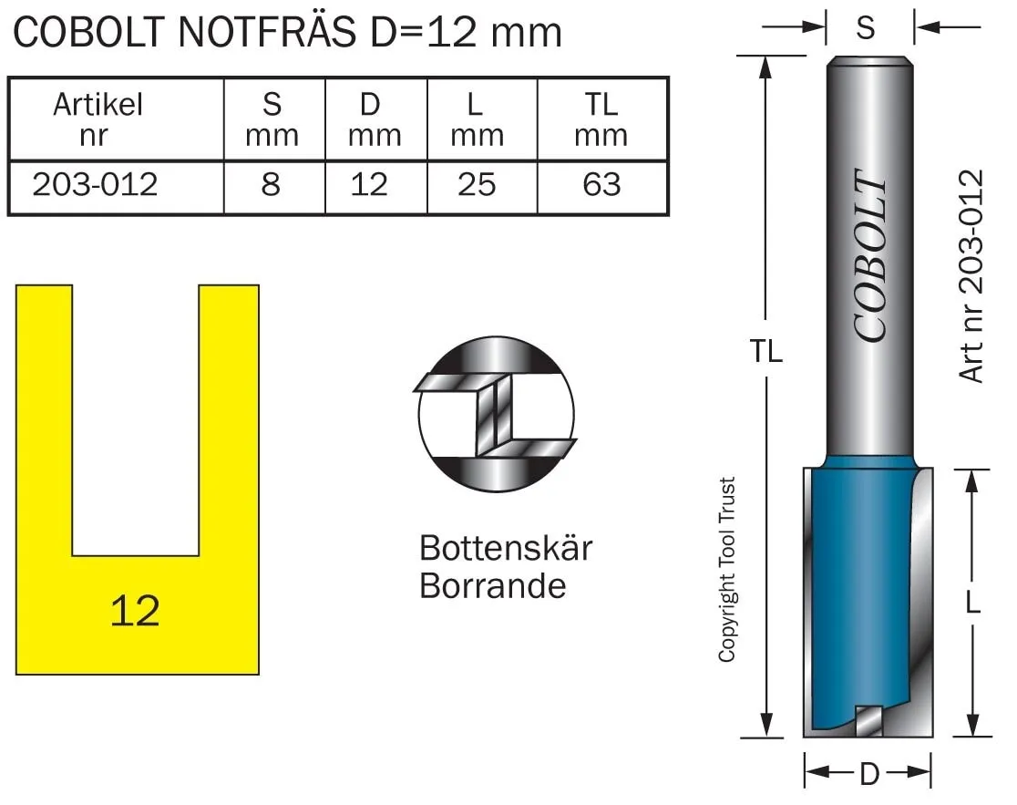 HM-notfräs 12 mm, med bottenskär
