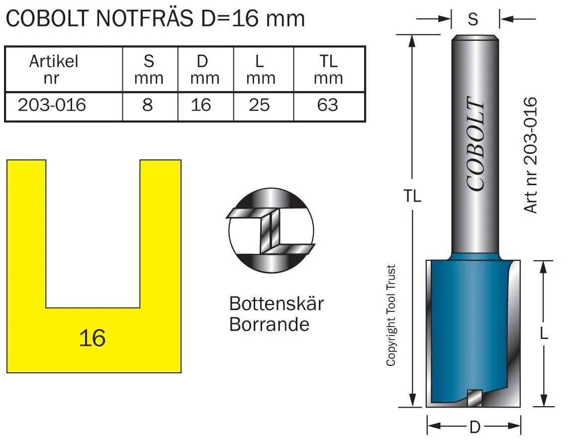 HM-notfräs 16 mm, med bottenskär