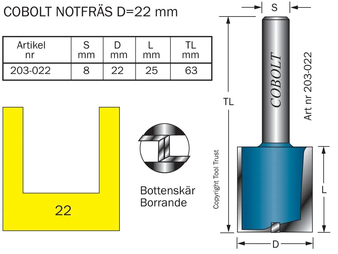 HM-notfräs 22 mm, med bottenskär