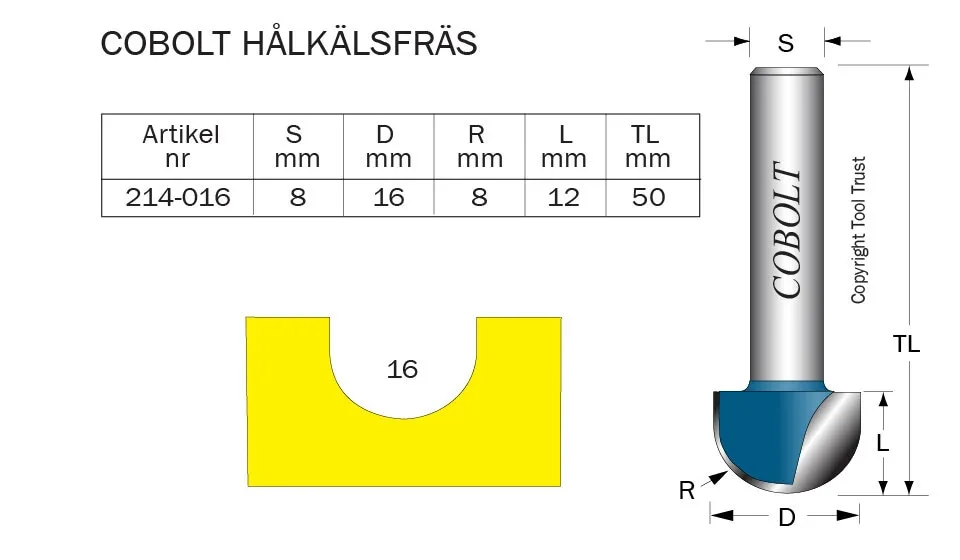 HM-hålkälsfräs D=16 mm